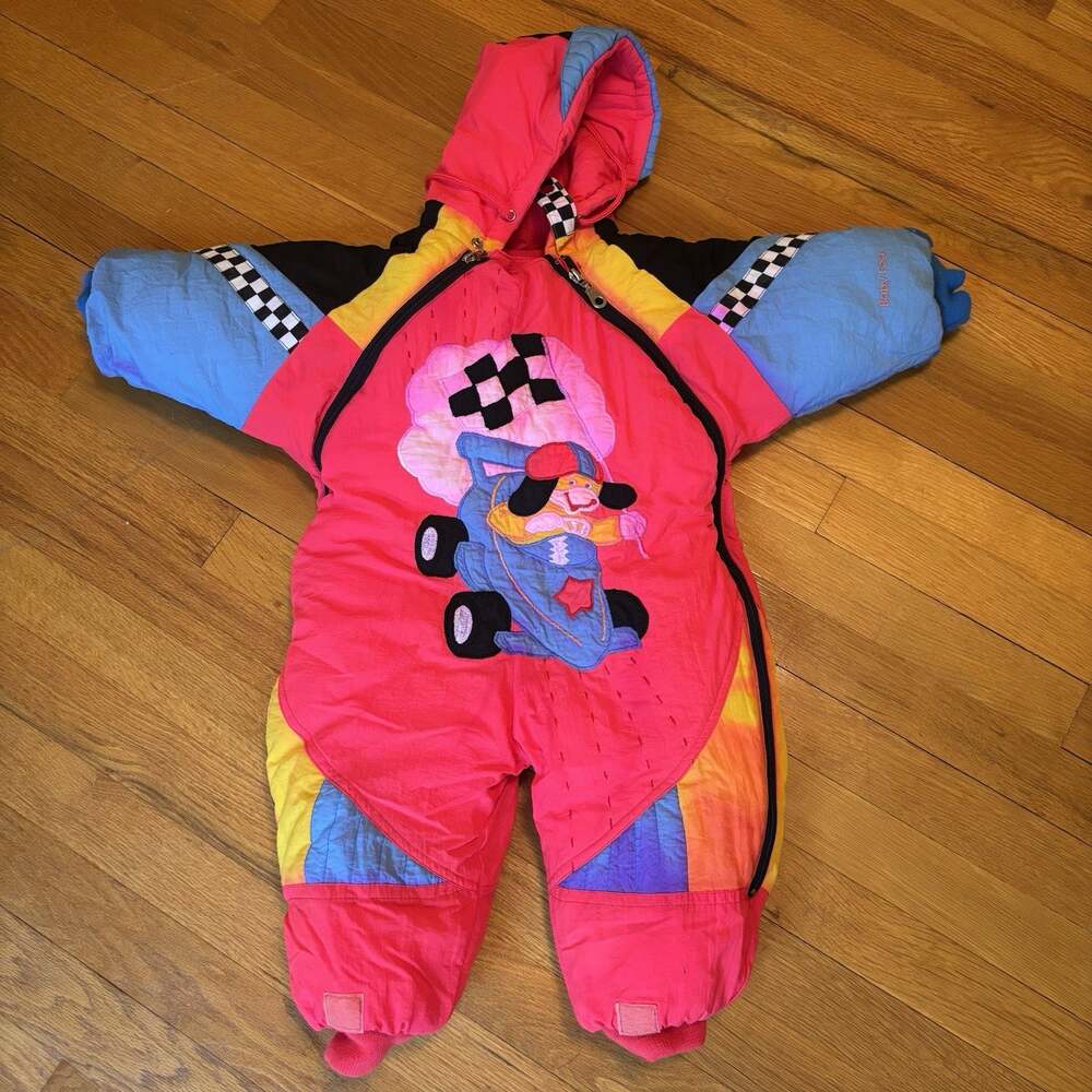 Vintage 90s BABY FOG 18 Month Bunting Winter Coat Jacket Play Race Car Fade Pink